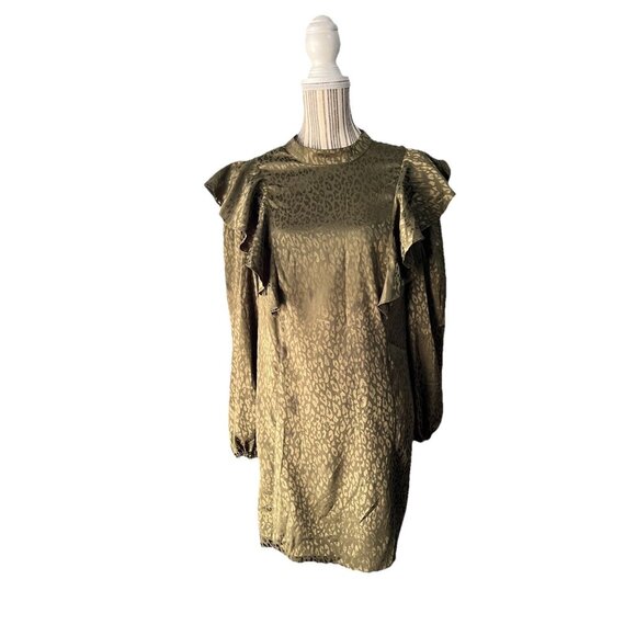River Island ASOS Olive Animal Print Satin Mini Tea Dress Ruffle Women’s Size 10 - Picture 1 of 4